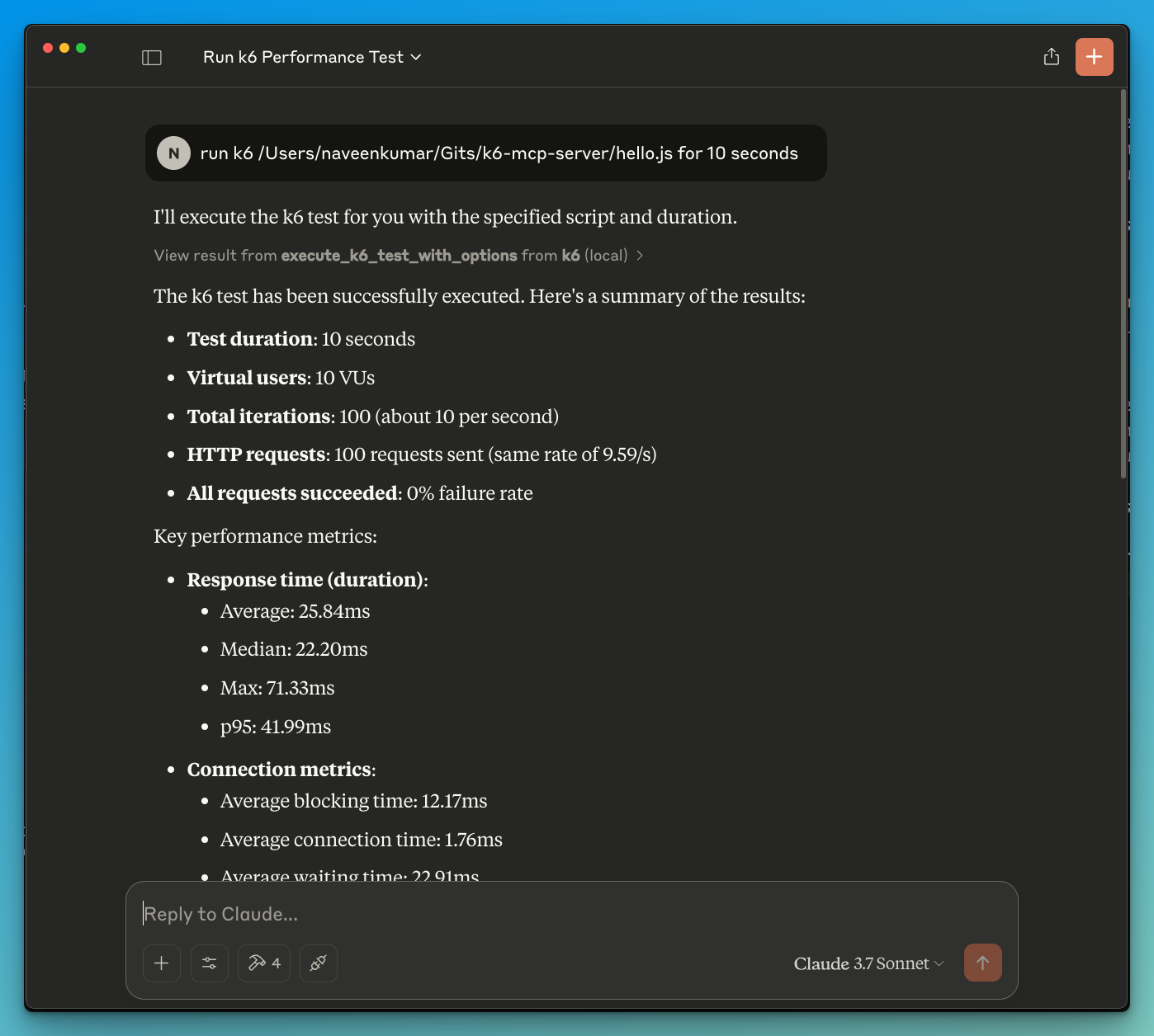 Claude Desktop running a k6 load test via the k6 MCP server by natural language — 10 VUs, 100 requests, 0% failure — with no target-host validation.
